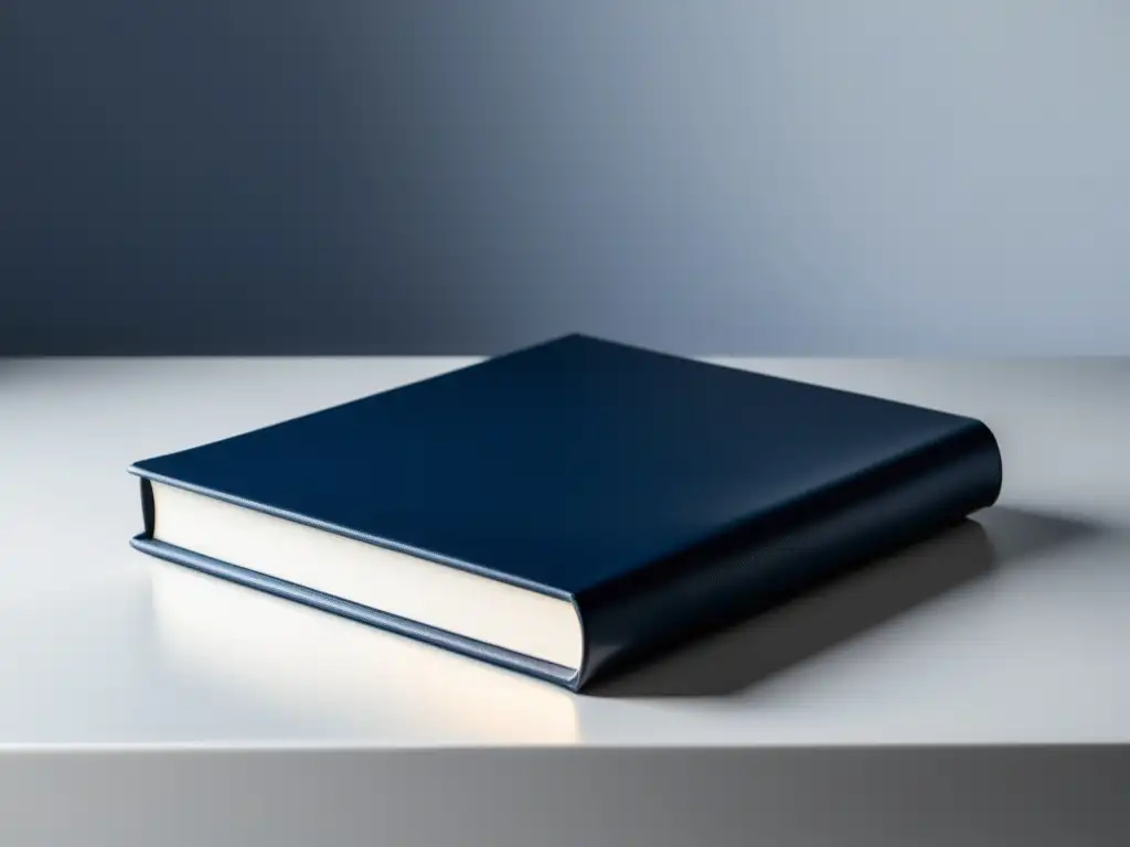 Una imagen minimalista de un libro en blanco con una elegante cubierta de cuero reposando sobre un escritorio blanco impecable