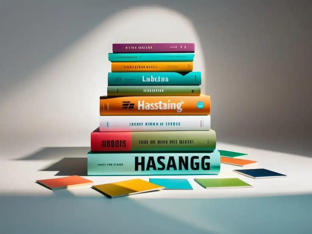 Una imagen minimalista de libros coloridos con hashtags flotantes, creando una composición visualmente impactante