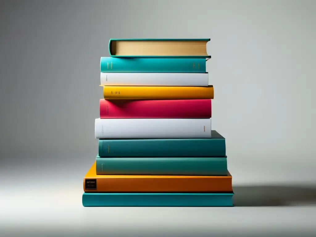 Una imagen minimalista de libros coloridos apilados en un fondo blanco, con iluminación suave que realza su atractivo visual