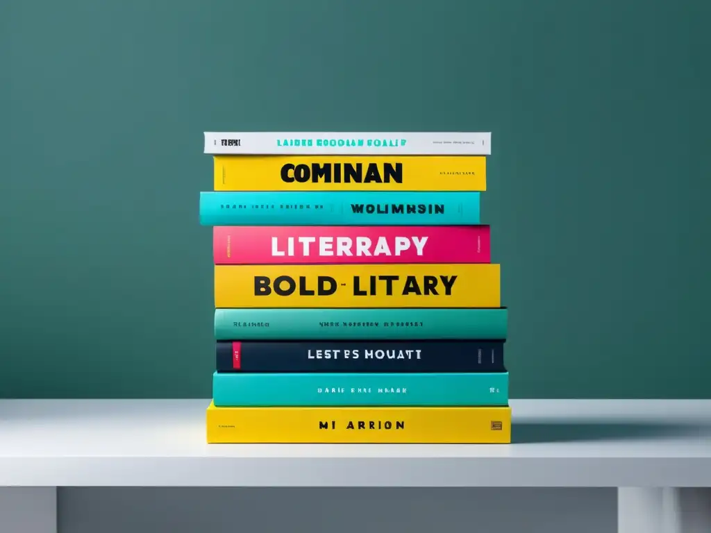 Una imagen minimalista de libros con llamativos títulos de marketing literario, organizados en un escritorio moderno