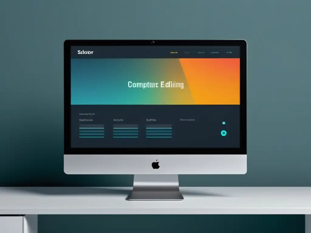 Una imagen minimalista de un monitor de computadora moderno, mostrando un elegante programa de edición literaria avanzado