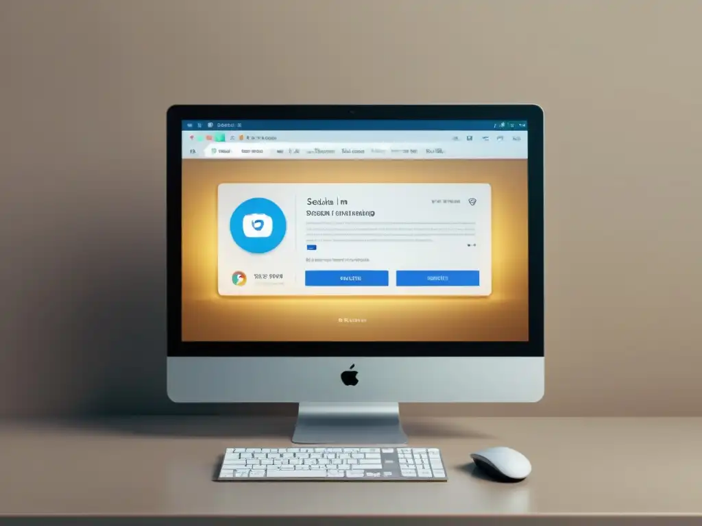 Imagen minimalista de una pantalla de ordenador moderna con software de escritura e integración sutil en redes sociales