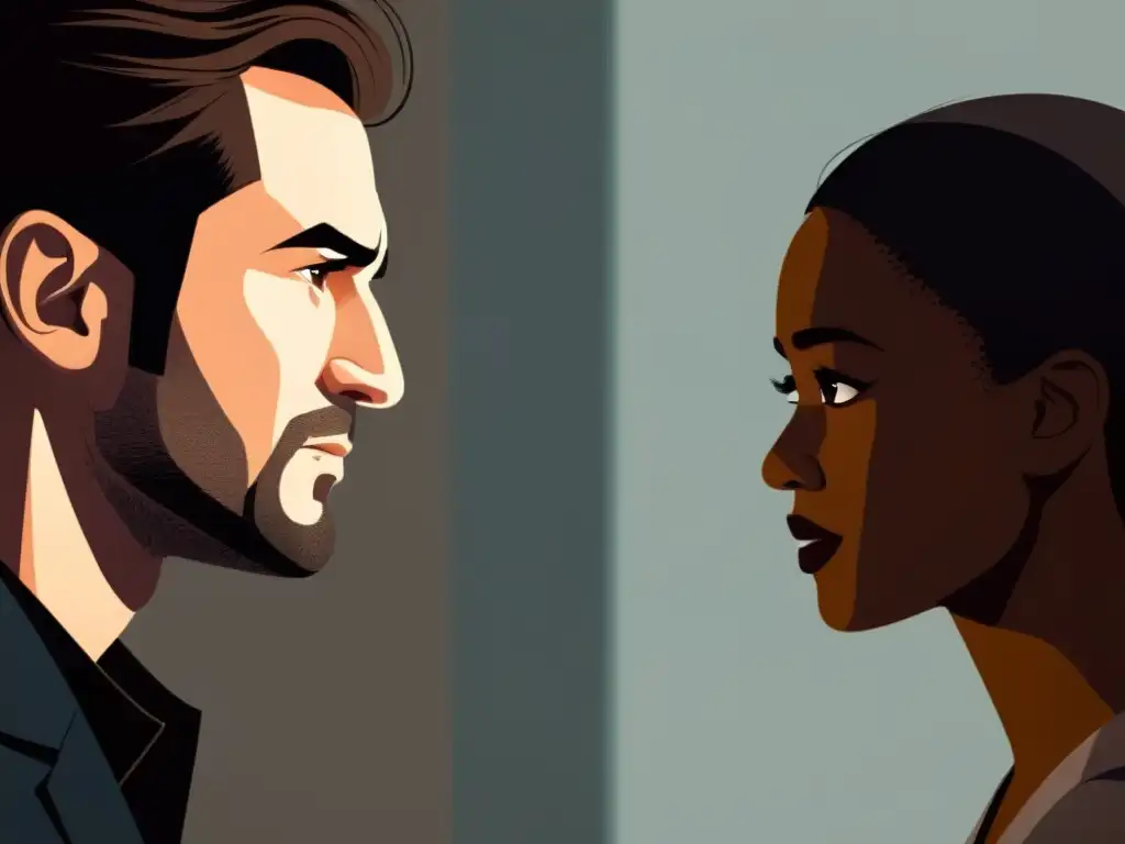 Conversación intensa: Gestos y emociones Una imagen minimalista muestra dos personajes en una intensa conversación, avanzando trama a través de la comunicación emocional