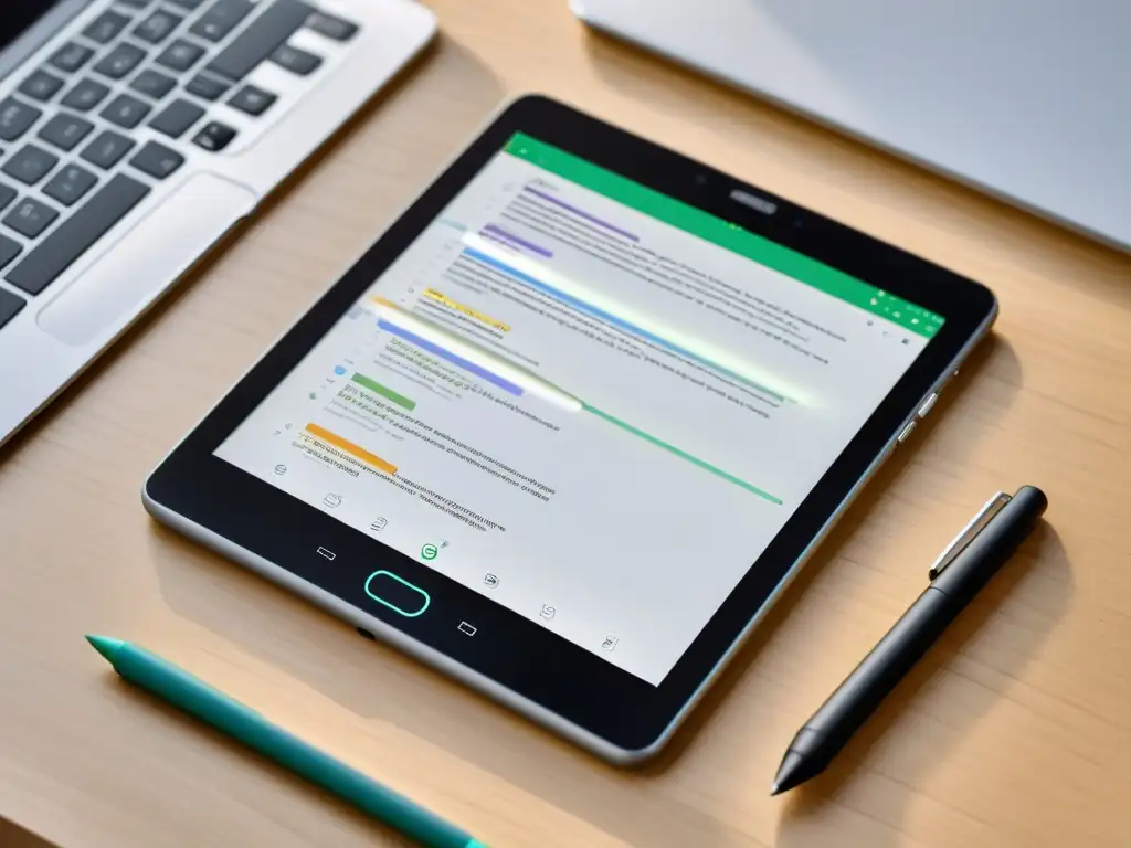 Una imagen minimalista de una tablet con una app de tomar notas abierta, mostrando notas organizadas y resaltadas con colores