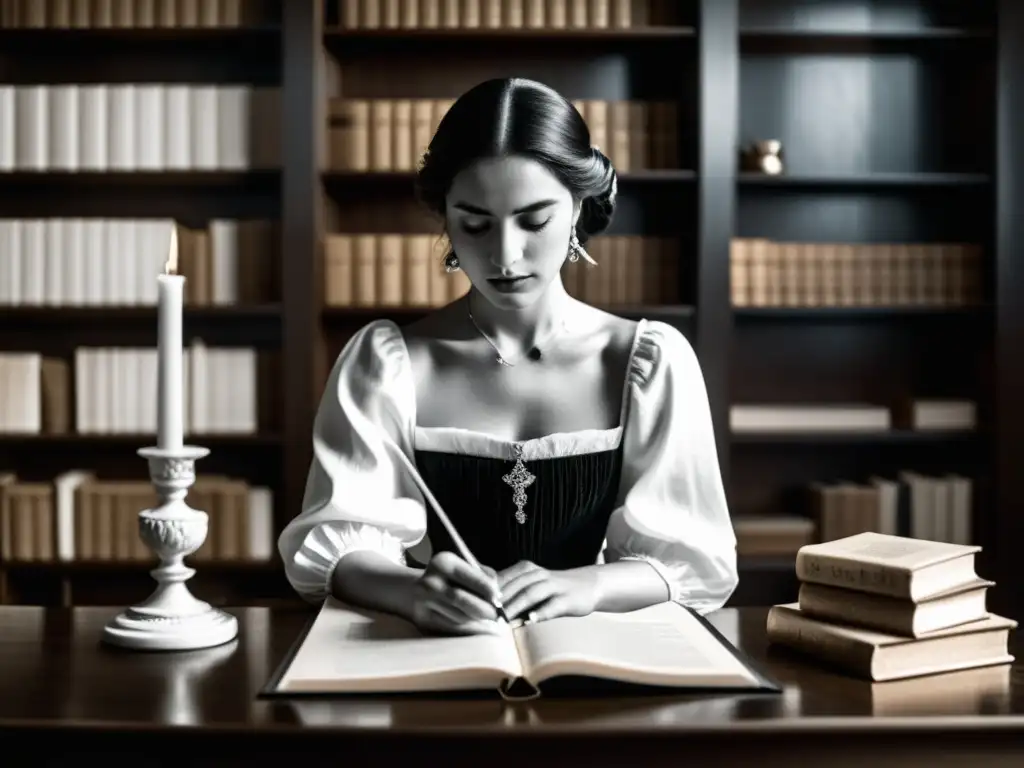 Imagen de una mujer renacentista con papel y pluma, evocando la poesía y el intelecto femenino