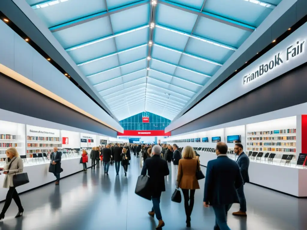 Una imagen nítida de la bulliciosa Feria del Libro de Frankfurt, con elegantes stands y una atmósfera profesional y serena