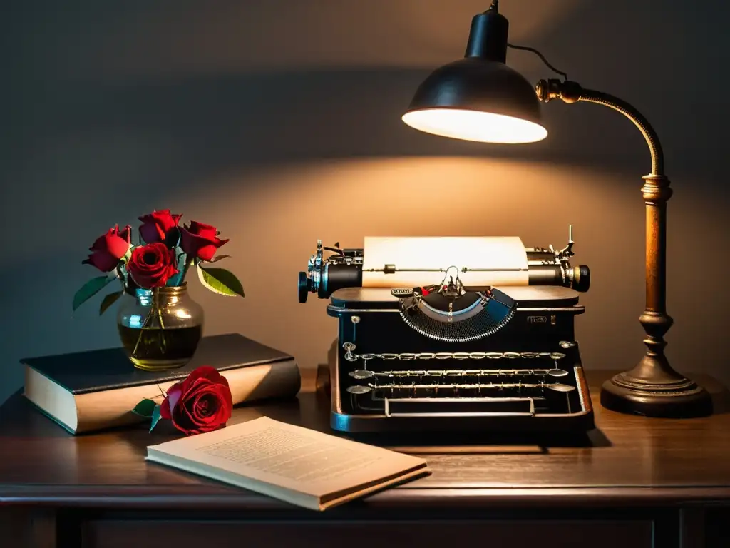 Imagen nostálgica de un estudio con escritorio antiguo, máquina de escribir, libros de poesía y una rosa roja en jarrón