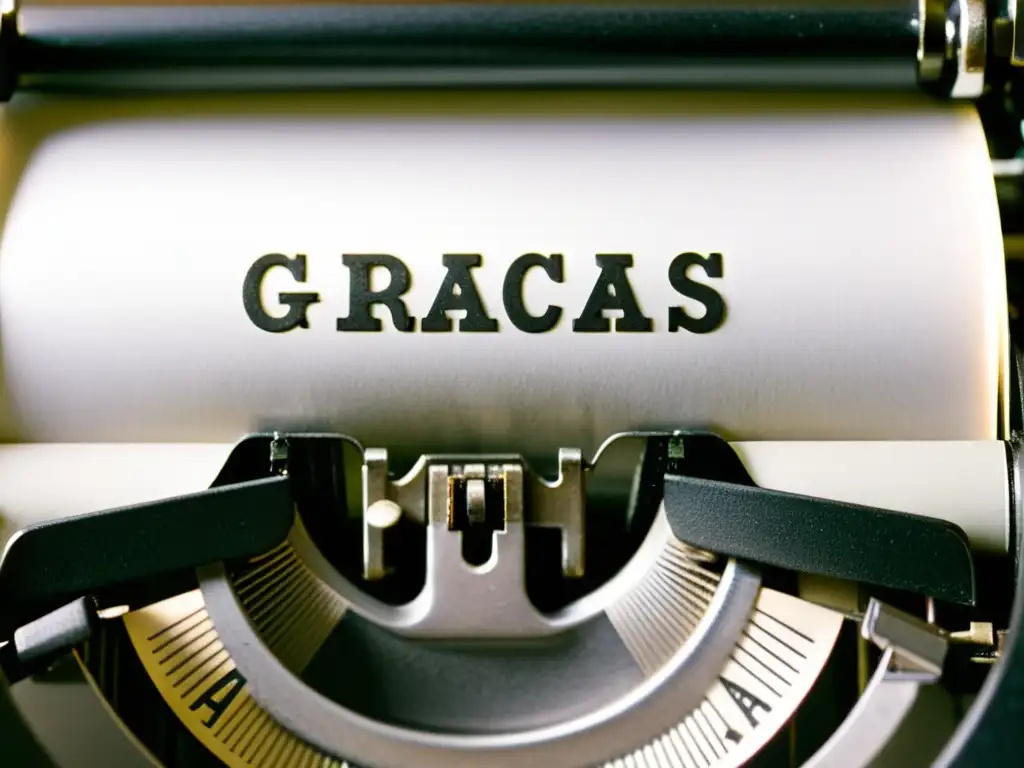 Una imagen nostálgica de una máquina de escribir vintage con 'Gracias' y 'Dedicación' escritos en la hoja