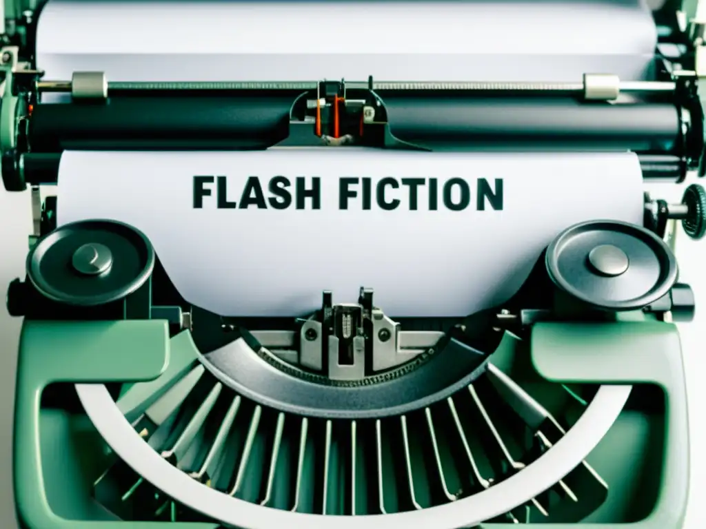 Una imagen nostálgica de una máquina de escribir vintage con una hoja que dice 'flash fiction'