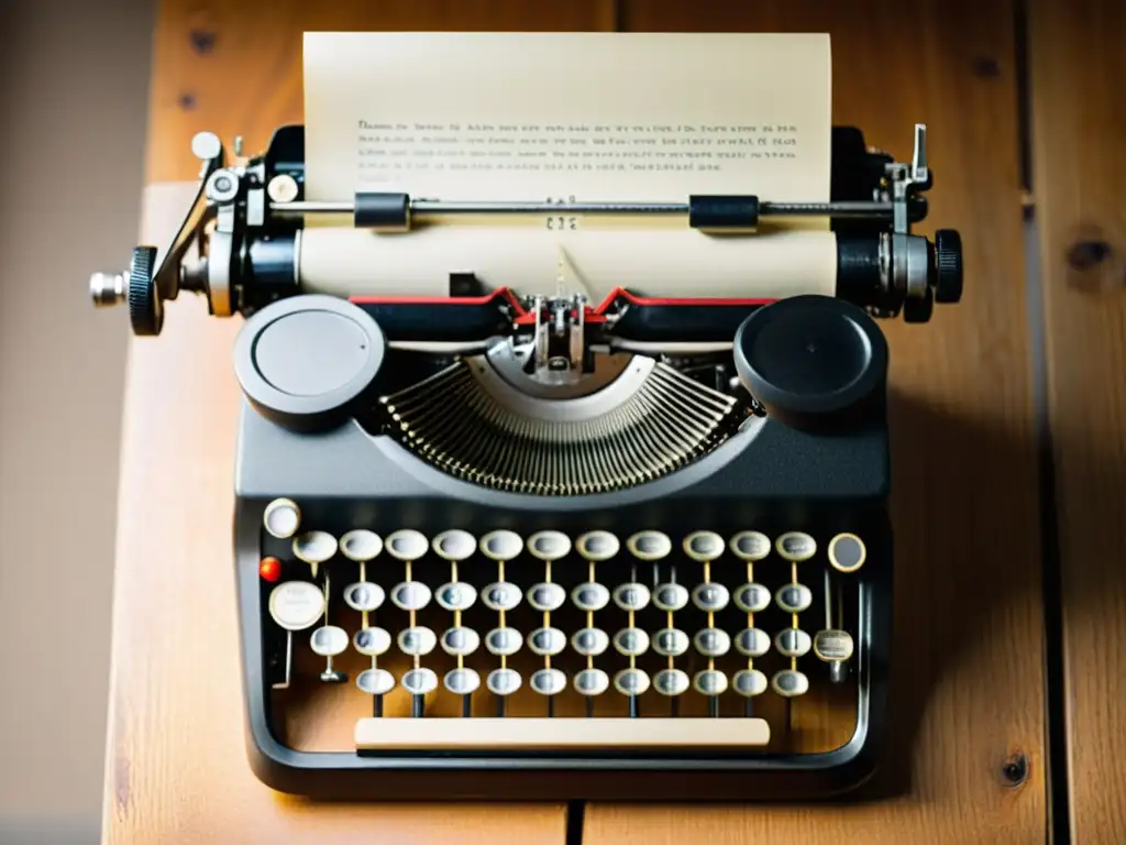 Una imagen nostálgica de una máquina de escribir vintage sobre un escritorio de madera, con notas manuscritas, iluminada suavemente