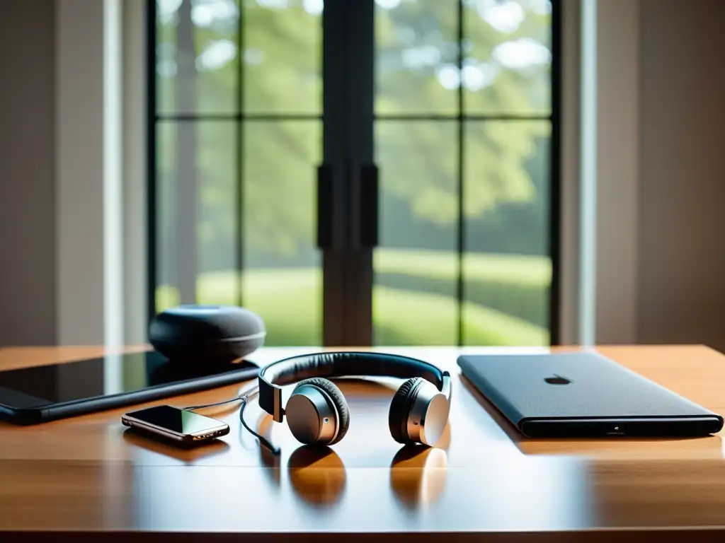 Imagen de oficina en casa con auriculares inalámbricos y mercado de audiolibros autoeditados