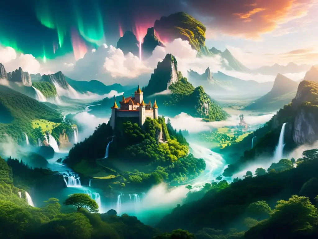 Imagen de paisaje fantástico con ciudad antigua entre montañas, bosques, auroras y dragones, inspirando técnicas literarias para autores fantasía