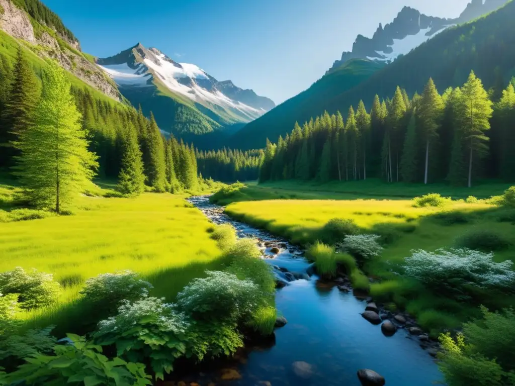 Imagen de un paisaje natural sereno y vívido con bosque exuberante, arroyo transparente y montañas nevadas