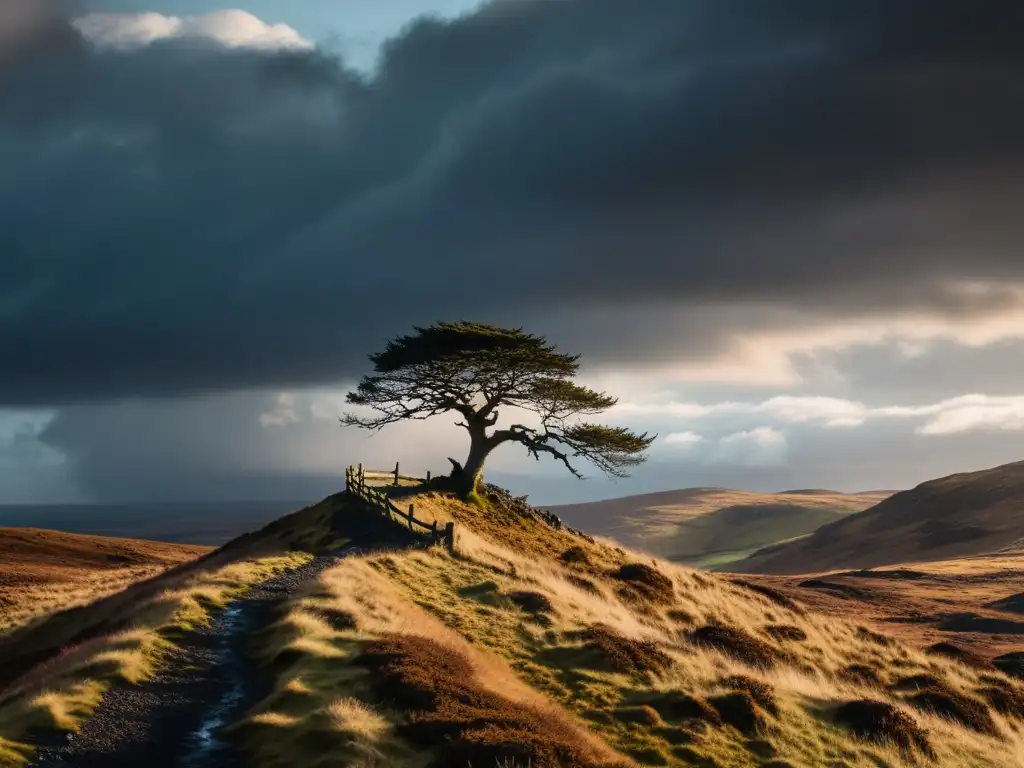 Imagen de un paisaje salvaje y desolado con un árbol retorcido y un ave majestuosa, evocando la naturaleza y la mitología en la poesía de Ted Hughes