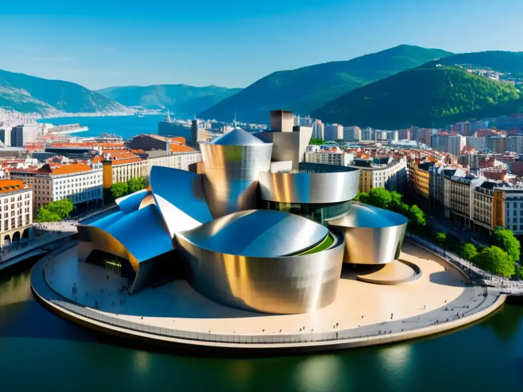 Imagen panorámica de alta resolución del Museo Guggenheim en Bilbao, destacando su icónica estructura de titanio y su entorno urbano