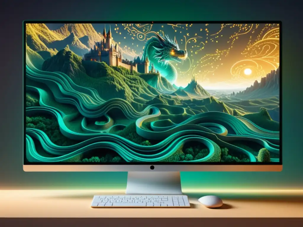 Imagen 8k de pantalla con código y elementos fantásticos, fusionando software escritura construcción mundos fantásticos con estética profesional