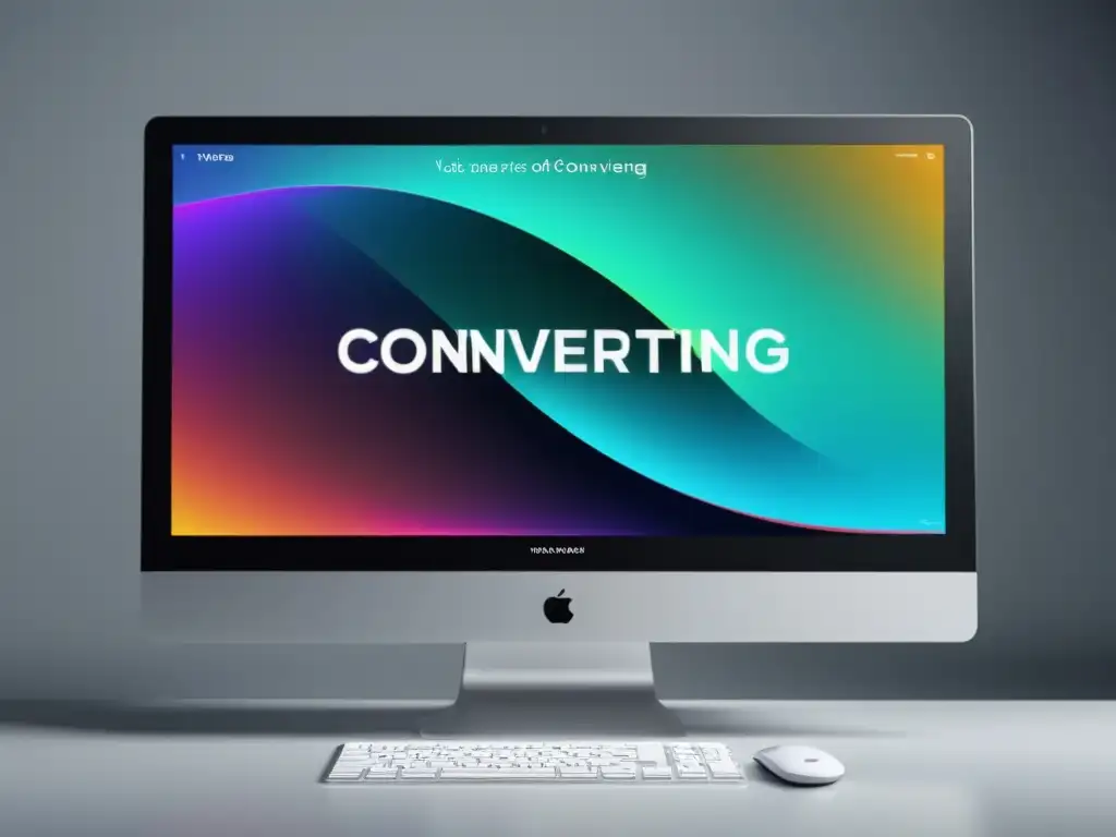 Imagen de pantalla de ordenador moderna mostrando la conversión de texto a audiovisual con transiciones fluidas y estética pulida