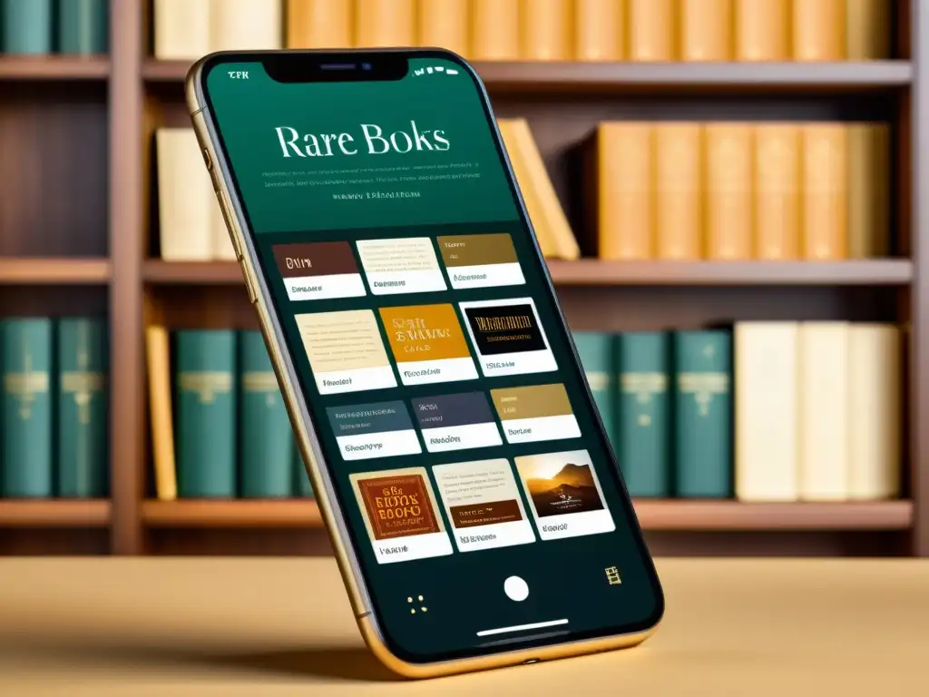 Imagen de pantalla de smartphone elegante con app para comprar libros raros en un entorno minimalista y exclusivo