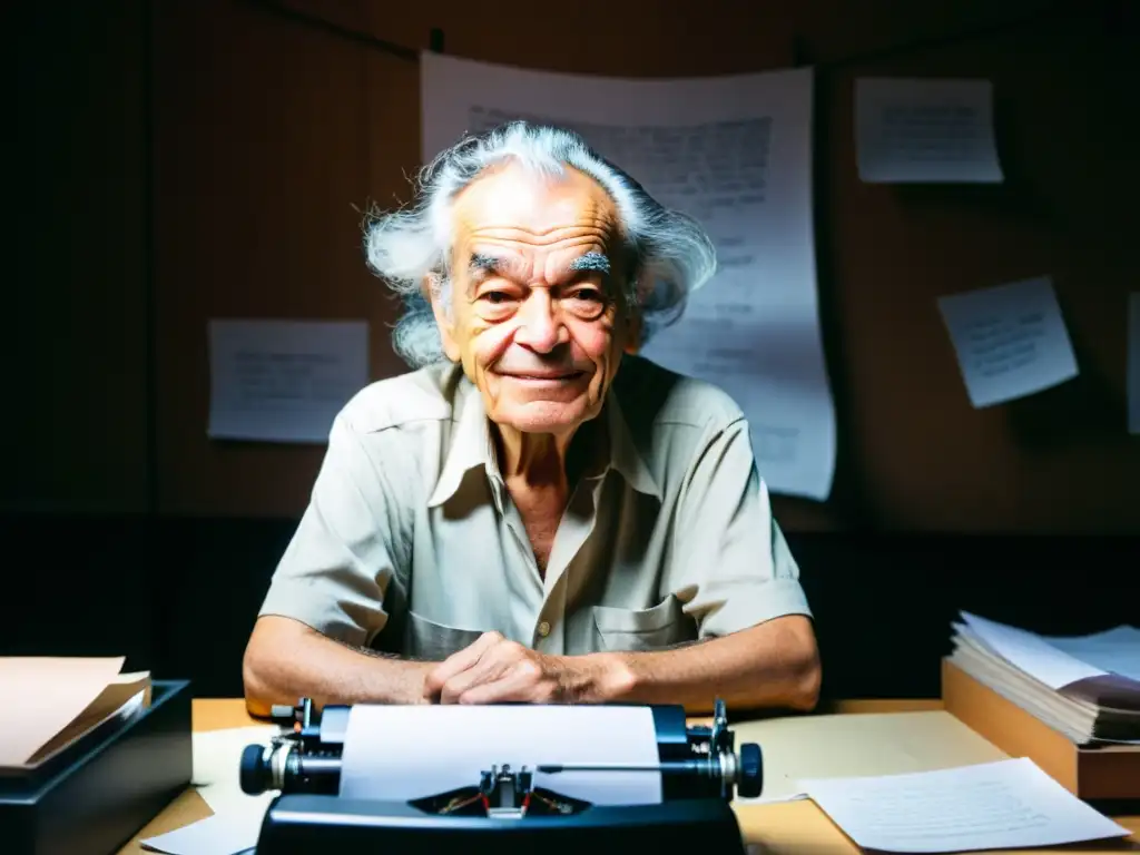 Imagen de Nicanor Parra escribiendo poesía con ironía y humor, rodeado de papel arrugado en una habitación con luz tenue