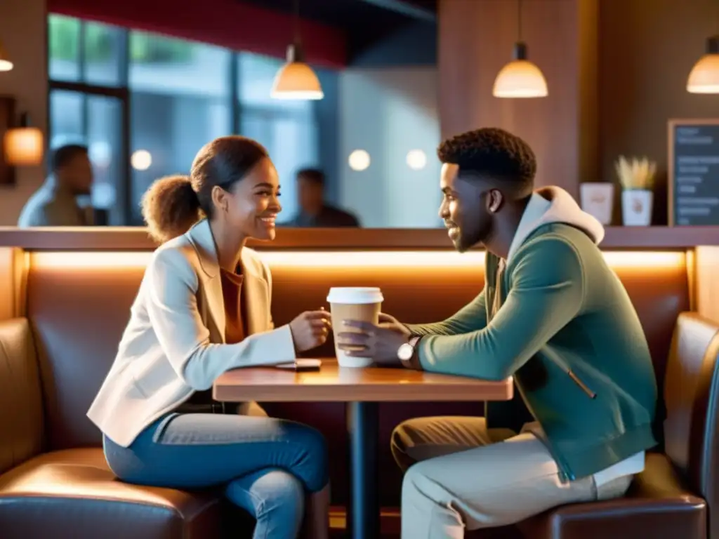 Imagen de dos personas conversando animadamente en una acogedora cafetería, destacando la autenticidad y conexión