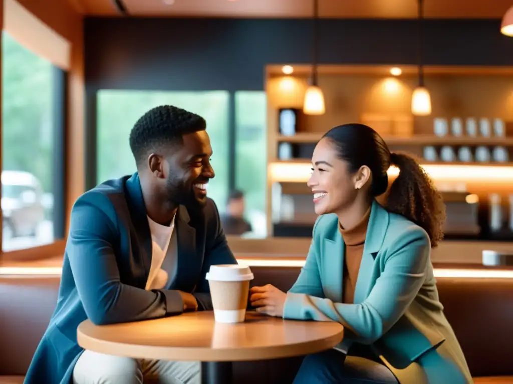 Imagen de dos personas conversando con autenticidad en una acogedora cafetería, transmitiendo técnicas de diálogo auténtico y creíble