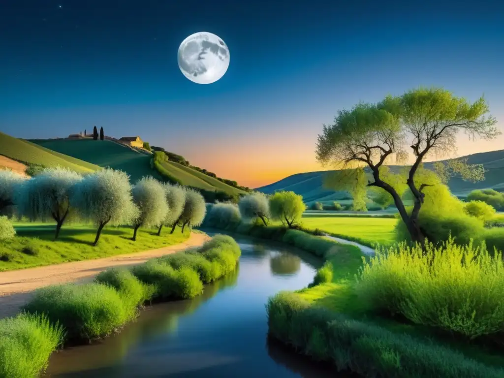 Imagen de una pintura digital detallada en 8k de un paisaje español iluminado por la luna, con una figura solitaria junto a un río y árboles de sauce