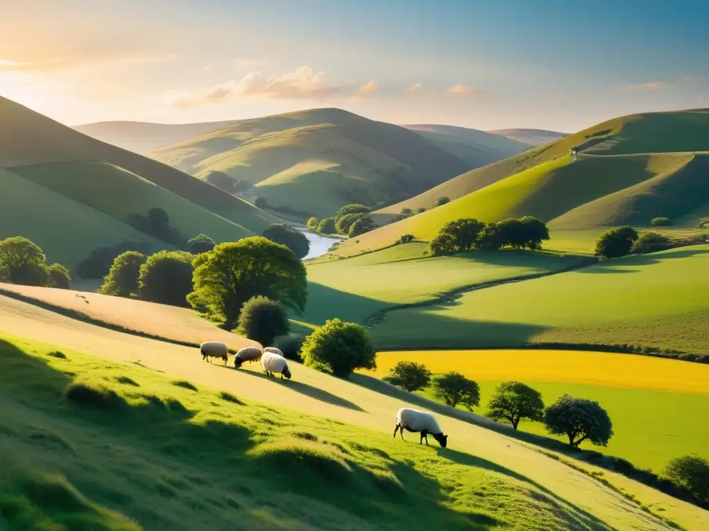 Imagen de poesía bucólica teócrito virgilio: pastor cuidando ovejas en un paisaje sereno y soleado, con colores ricos y vibrantes