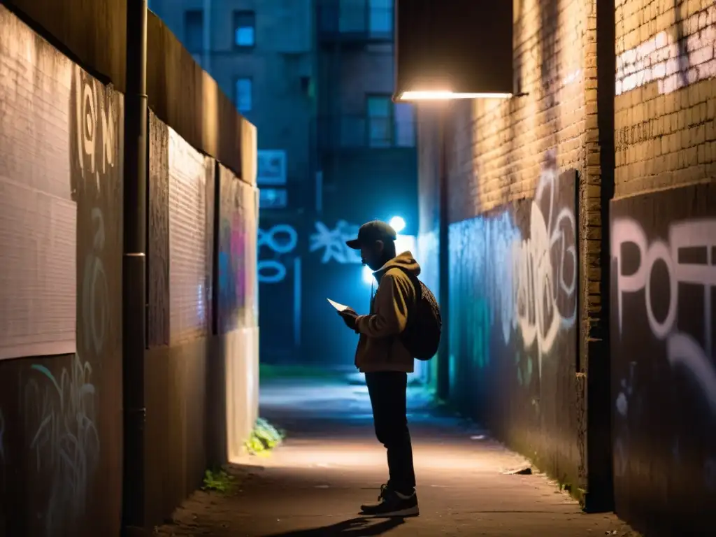 Imagen en 8k de un poeta solitario en un callejón urbano, rodeado de grafitis