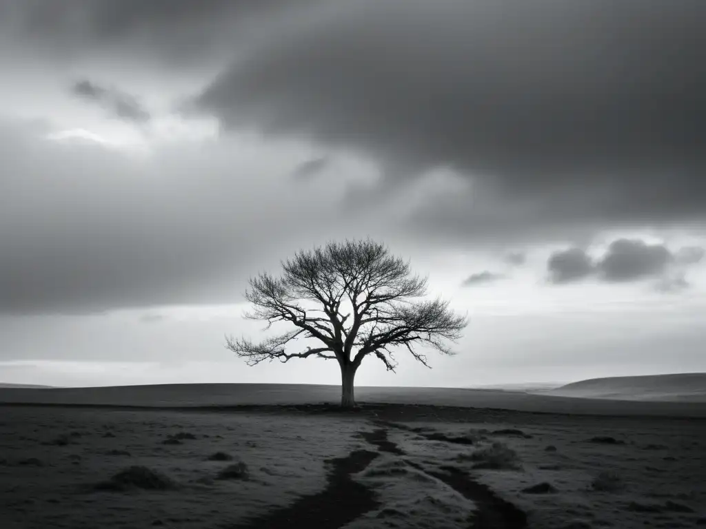 Imagen poética de la alienación en 'The Waste Land': paisaje desolado en blanco y negro con un árbol sin hojas en el centro