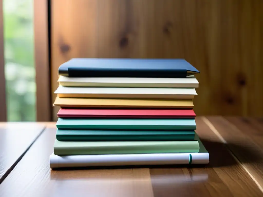 Imagen de potencial creativo: pila de cuadernos en escritorio de madera, con ventana iluminando