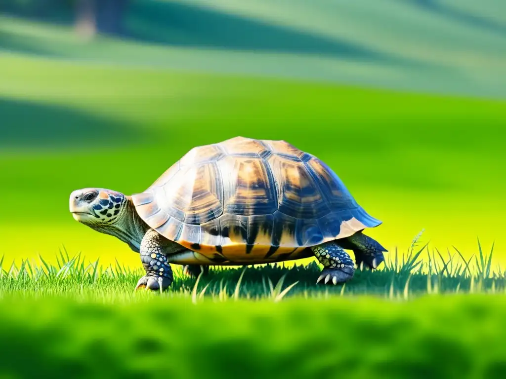 Imagen de una sabia tortuga en un prado soleado, dejando huellas en la hierba