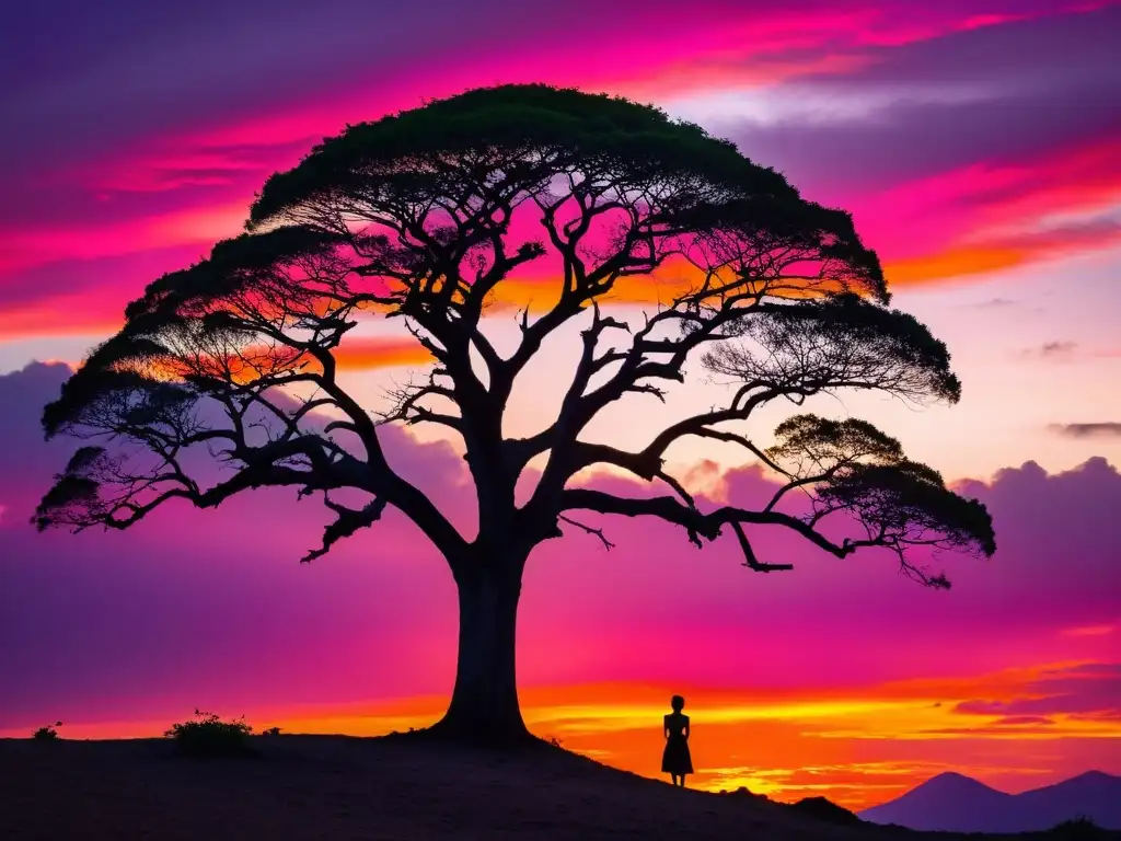 Una imagen de realismo mágico en Cien Años de Soledad: Un árbol solitario, la Ceiba, se yergue majestuoso ante un atardecer vibrante y surrealista