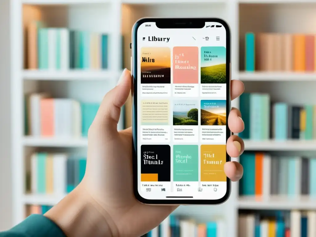 Imagen de alta resolución de un elegante smartphone mostrando una app de biblioteca virtual con diseño minimalista y libros clásicos y contemporáneos