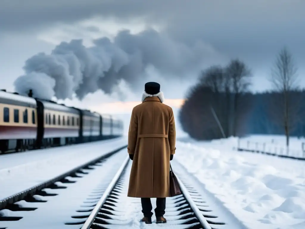 Imagen de alta resolución de una figura solitaria en una plataforma de tren cubierta de nieve, evocando la tragedia y la libertad de Ana Karenina