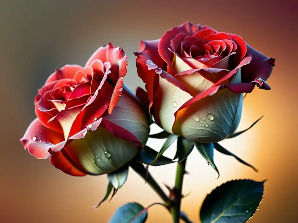 Imagen de dos rosas rojas entrelazadas con gotas de agua, en un fondo cálido y difuminado