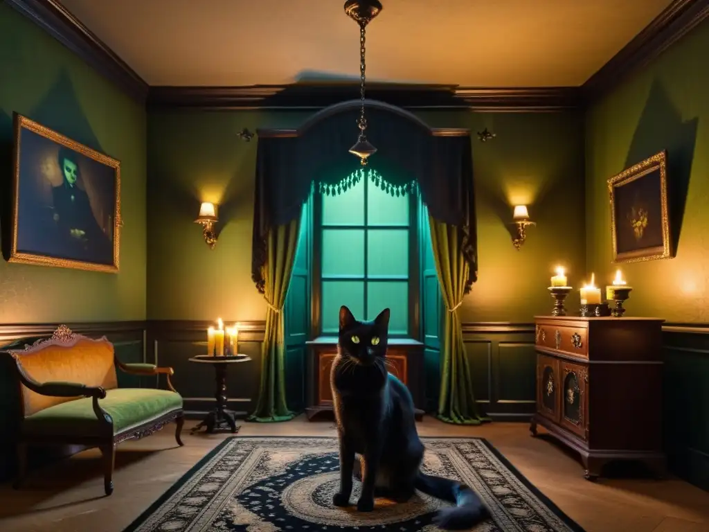 En la imagen se muestra una sala gótica con un gato negro en actitud amenazante, evocando el análisis literario El Gato Negro Poe