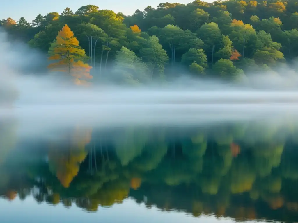 Imagen serena de Walden Pond al amanecer, reflejando la armonía entre la humanidad y la naturaleza