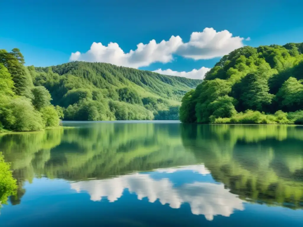 Imagen serena de un lago tranquilo rodeado de exuberantes árboles, reflejando el cielo azul y nubes blancas