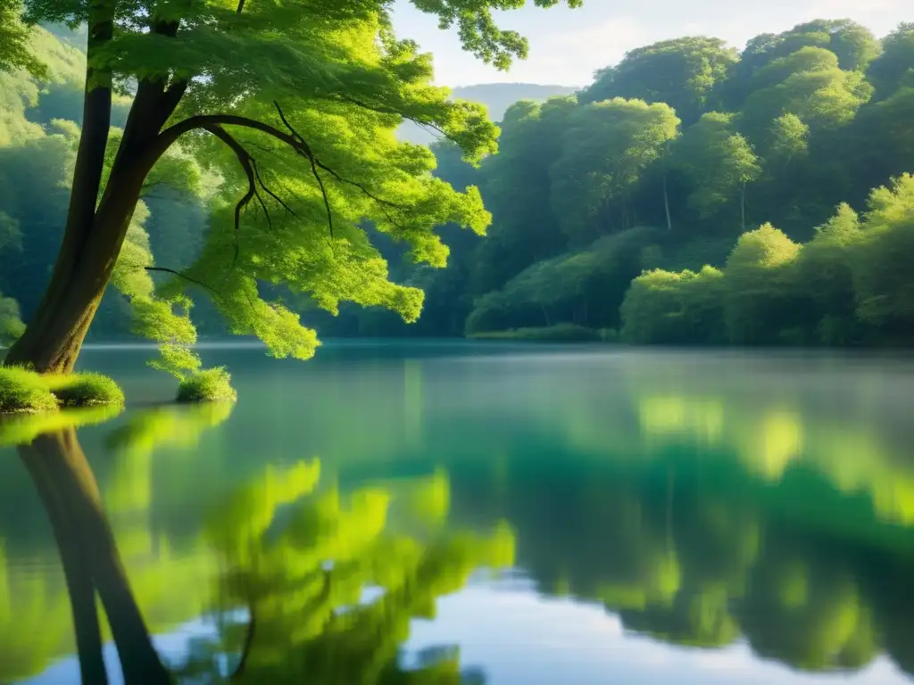 Imagen serena de un lago tranquilo rodeado de árboles verdes, con luz solar filtrándose a través de las hojas