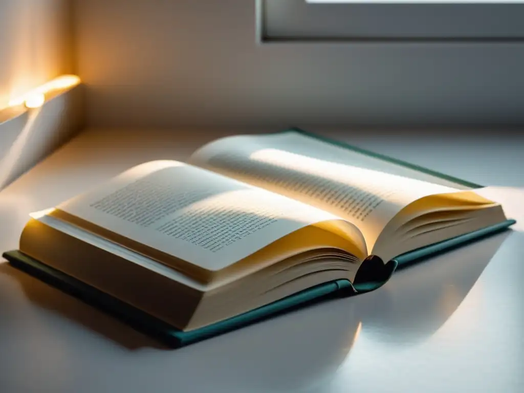 Una imagen serena de un libro abierto en una superficie blanca, iluminado por luz natural