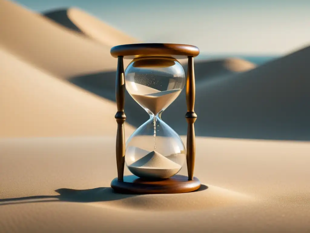 Hourglass: Serenidad y Elegancia en Detalle Una imagen serena y minimalista de un antiguo reloj de arena con finos granos de arena fluyendo suavemente