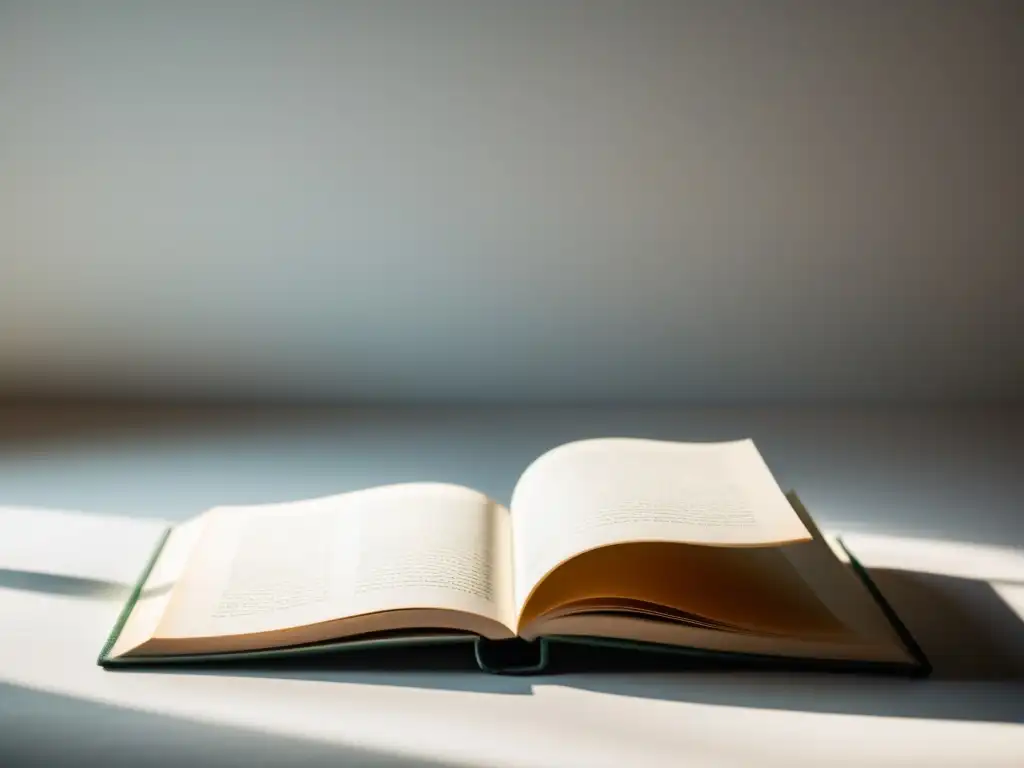 Una imagen serena y minimalista de un solo libro en una superficie blanca, bañada por luz natural