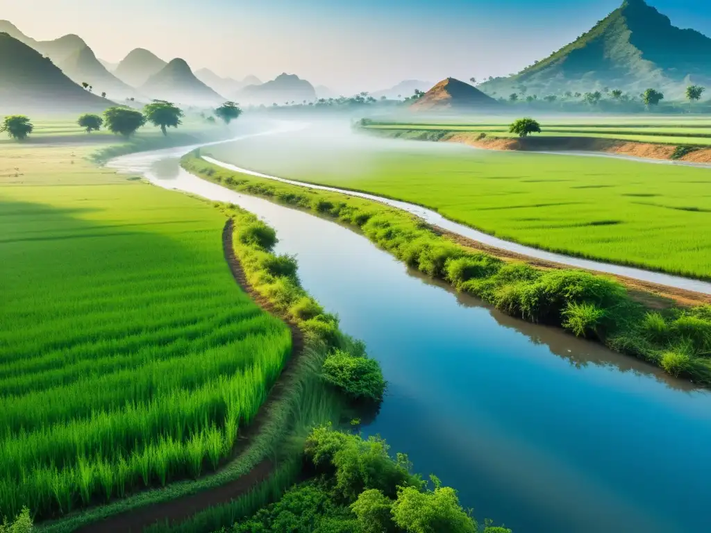 Imagen serena de un paisaje tranquilo en la India, con un río calmado y campos verdes, evocando paz y serenidad