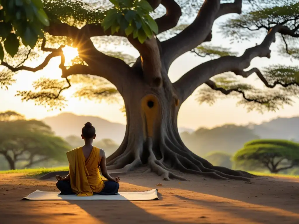 Imagen de Siddhartha bajo el árbol Bodhi, bañado por la luz del sol poniente