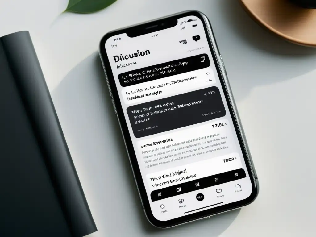 Imagen de un smartphone con una elegante aplicación de mensajería para debatir libros, transmitiendo modernidad y conectividad literaria