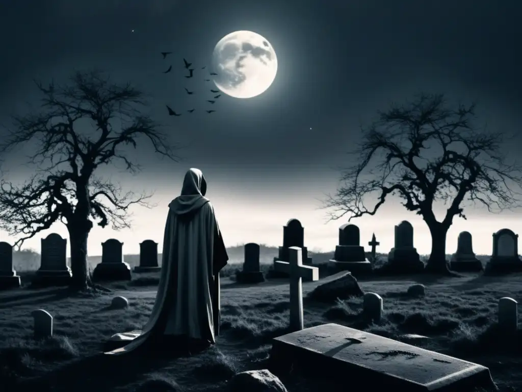 Imagen de un solitario de pie en un cementerio gótico bajo la luz de la luna, evocando representaciones de la mortalidad en el Romanticismo gótico