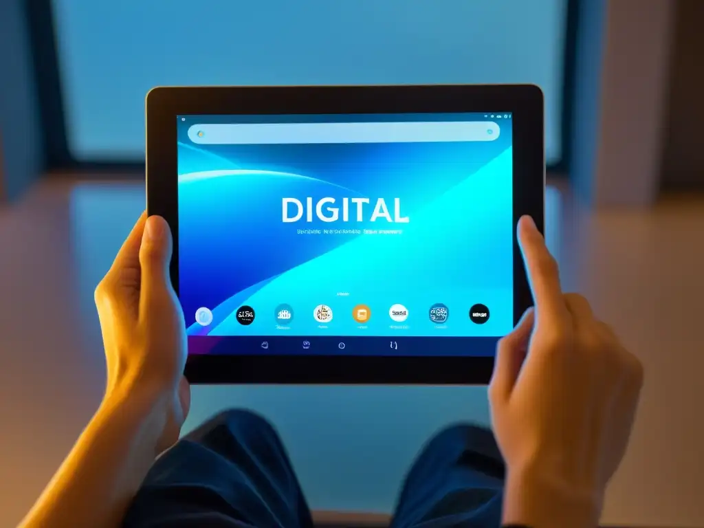 Imagen de una tableta moderna mostrando una historia digital interactiva, con elementos visuales dinámicos y una interfaz de usuario atractiva