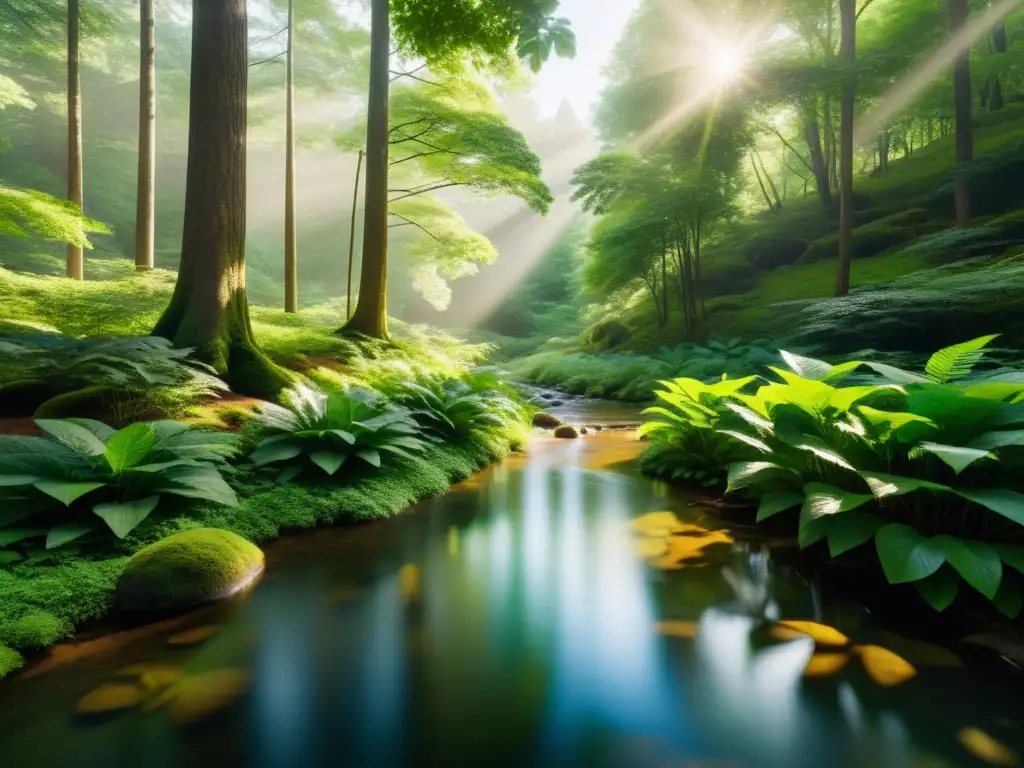 Imagen tranquila de un frondoso bosque con un arroyo sereno