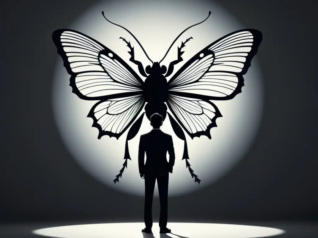 Metamorfosis impactante: hombre se convierte en insecto Ilustración impactante en blanco y negro de la metamorfosis de un hombre en insecto gigante, evocando 'La Metamorfosis' de Kafka