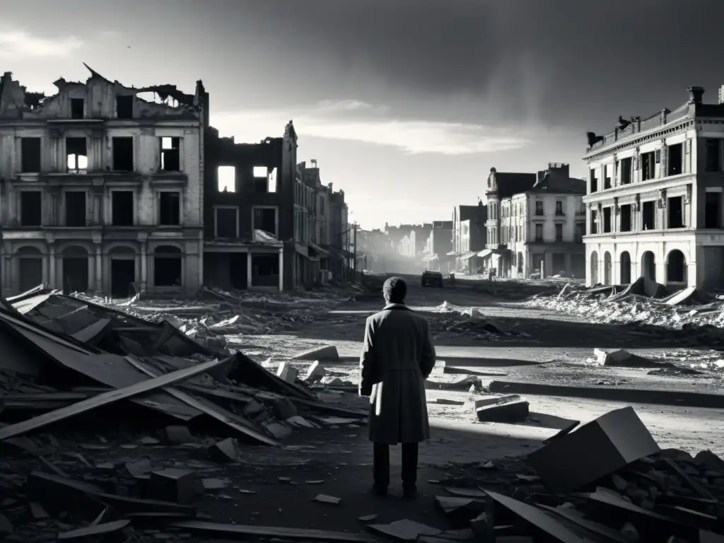 Una impactante imagen en blanco y negro de una ciudad devastada por la guerra